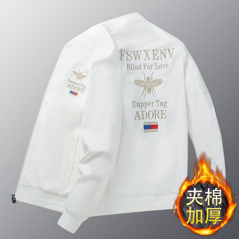 欧洲站潮牌加棉加厚刺绣夹克男棒球服高端外套小蜜蜂白色休闲上衣