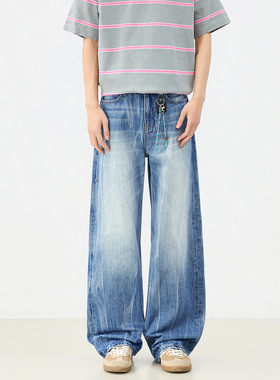 美式复古爆裂纹春夏蓝色牛仔裤男新款百搭直筒裤宽松长裤男女同款