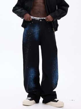 秋季新款潮牌宽松直筒银河黑色水洗涂鸦牛仔裤男士