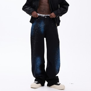 男士 潮牌宽松直筒银河黑色水洗涂鸦牛仔裤 新款 秋季