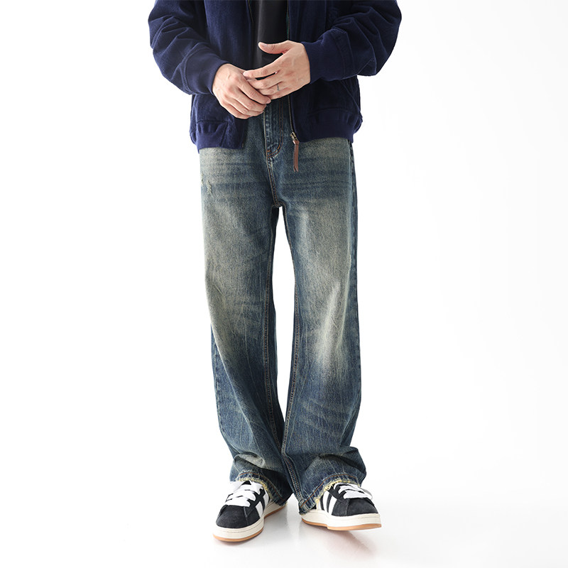 重磅水洗做旧蓝色牛仔裤男刮烂秋季新款宽松复古美式直筒阔腿长裤