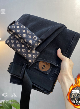 冬季加绒男款牛仔裤2023年新款刺绣高端保暖厚实修身印花长裤子男