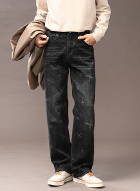 2025秋冬新款宽松直筒黑灰色水洗牛仔裤男士