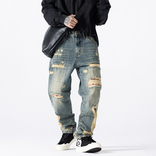 男宽松直筒微锥高街潮流牛仔裤 秋季 重磅复古牛仔裤 美式 新款
