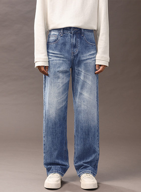 2025秋冬新款宽松直筒蓝色水洗牛仔裤男士