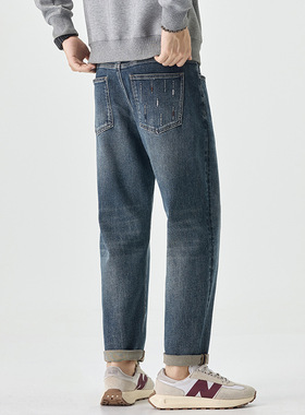 2025秋冬新款锥形牛仔裤男弹力深蓝色高端男士百搭休闲长裤