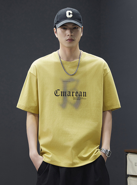 琥珀色男士高端印花体恤衫夏季新款美式重磅潮流宽松休闲短袖T恤