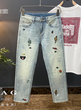 轻奢高街欧货牛仔裤男士2024年新款时尚刺绣休闲裤夏季潮流直筒裤