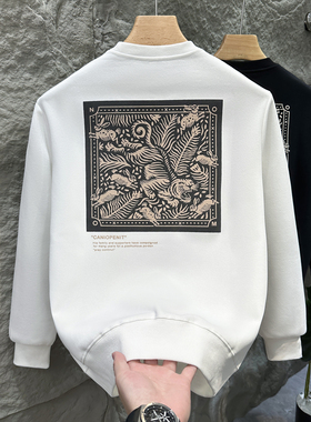 春秋款男士卫衣2025潮牌设计感印花外套ins休闲圆领简约套头上衣