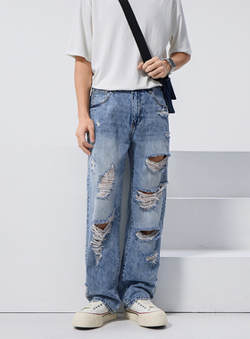 2025美式破洞牛仔裤男薄款夏季潮流直筒修身宽松设计感乞丐裤子男