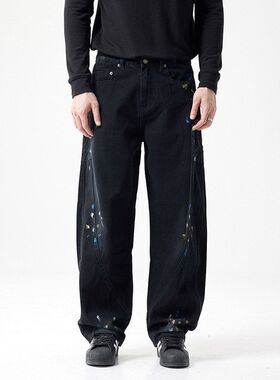 春季美式休闲痞帅重磅黑色泼墨牛仔裤男直筒宽松高街阔腿弯刀裤子