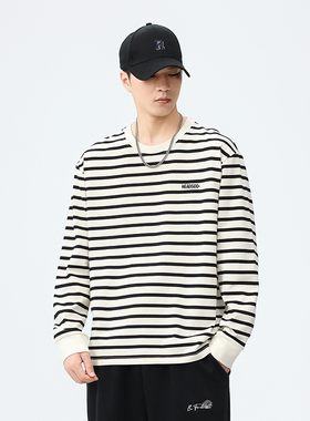 条纹长袖t恤男士打底衫美式高端潮流百搭宽松长袖2024春秋圆领男