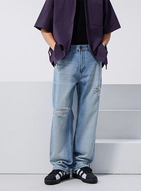 浅蓝色破洞牛仔裤男士春季2025新款修身直筒宽松阔腿夏薄款裤子男