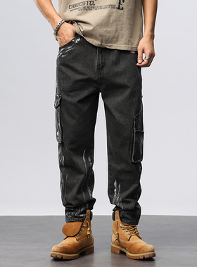 2025新款复古潮牌多口袋黑色百搭牛仔裤男士潮流高端时尚休闲长裤