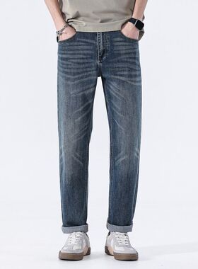 2026新款时尚简约合身直筒蓝色弹力牛仔长裤