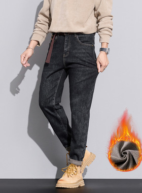 高端黑色抓绒牛仔裤男秋冬款2025新款修身保暖长裤