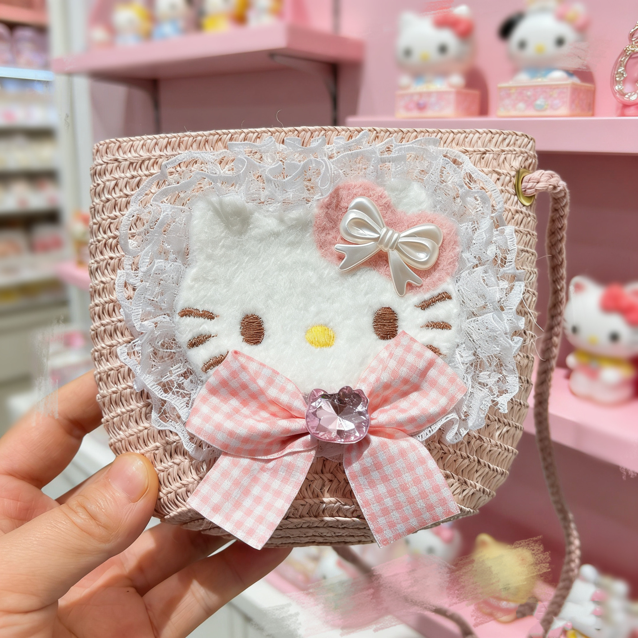 斜挎小包包helloKitty猫咪2026新款夏季蕾丝草编零钱包可爱儿童女