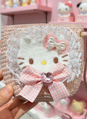 斜挎小包包helloKitty猫咪2026新款夏季蕾丝草编零钱包可爱儿童女