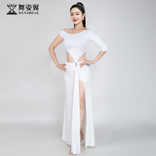 舞姿翼白色罗纹肚皮舞练习服连衣裙成人女舞蹈裙东方舞表演演出服