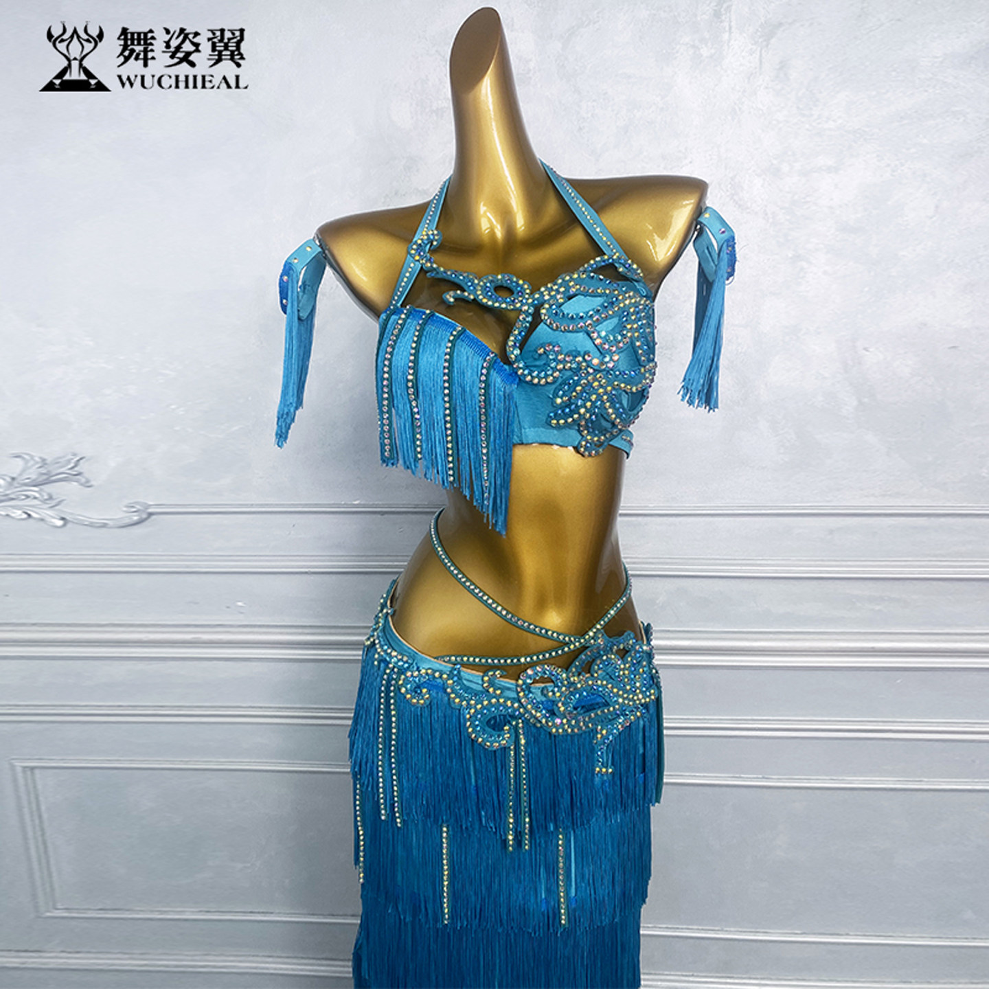 重工氨纶烫钻流苏肚皮舞表演出服文胸长裙套装2026女东方舞鼓舞服
