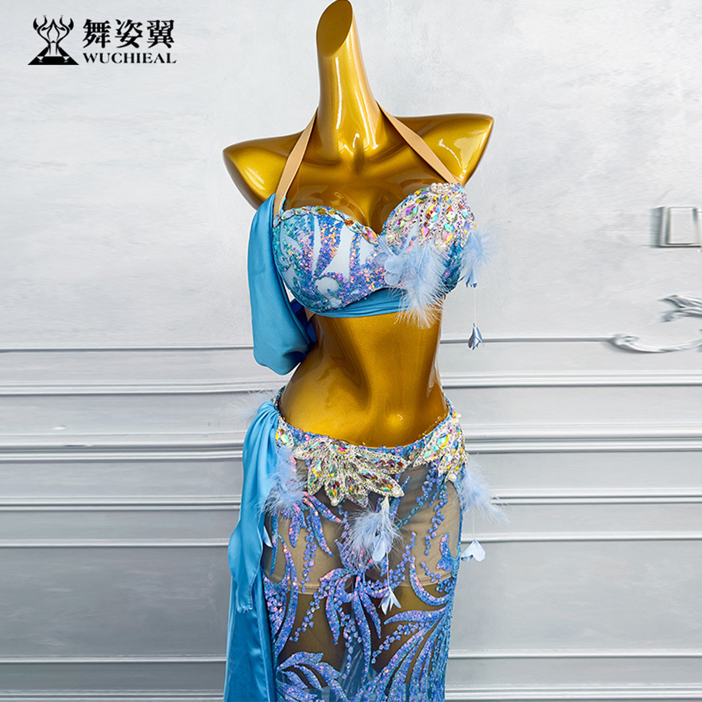 蓝色烫钻立体羽毛南韩纱肚皮舞表演出服性感文胸长裙套装东方舞台