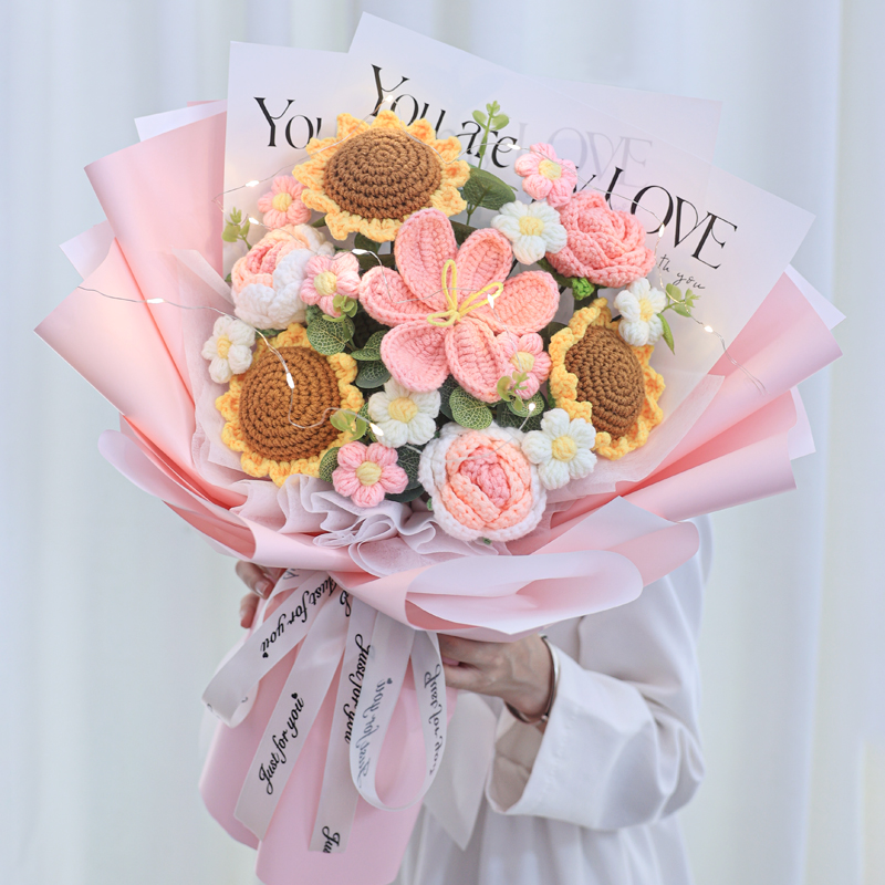手工针织玫瑰毛线花束向日葵花朵