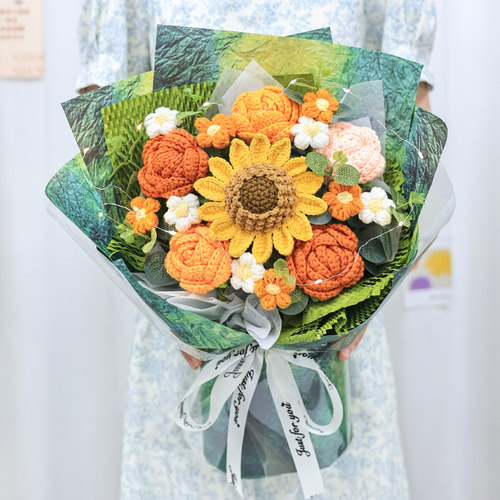 针织向日葵玫瑰花束手工编织毛线花成品生日礼物送女朋友闺蜜妈妈