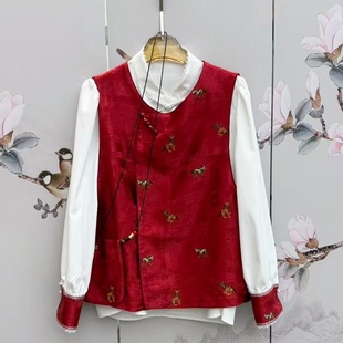 2026春新中式人丝刺绣马年吉祥圆领马甲白色复古风打底衫纯色套装