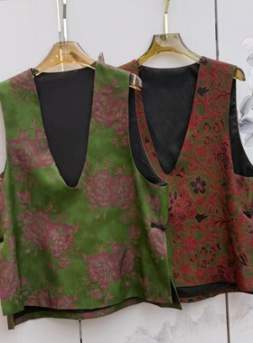 2026春新中式人丝提花U领马甲国风坎肩摇曳之花宽松深V背心