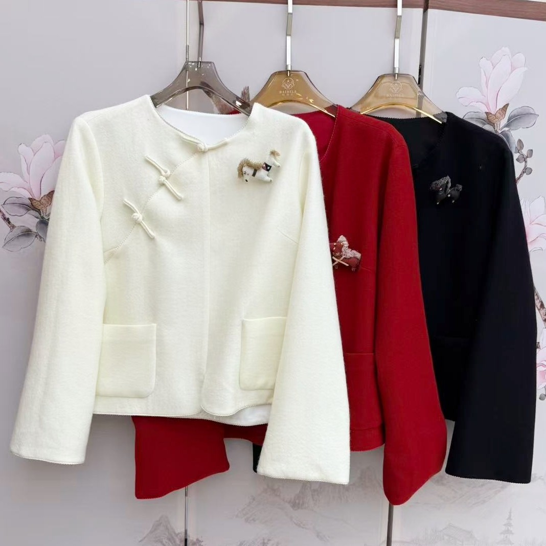 2026春新中式羊毛新中式马年吉祥圆领短外套国风气质斜襟套头上衣,女装/女士精品,短外套,淘宝优惠券,粉丝福利购,淘宝优惠卷