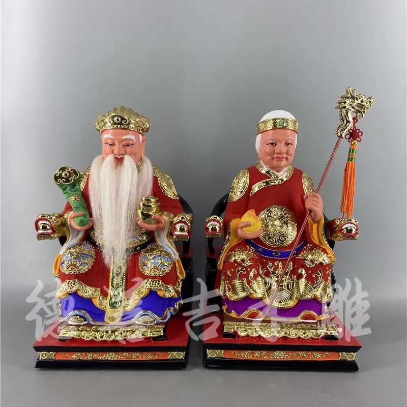 木雕土地公婆人物神像土地爷爷婆婆香樟木漆线雕德善吉新古典精品