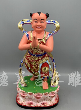古典漆线雕香樟木手工善财童子