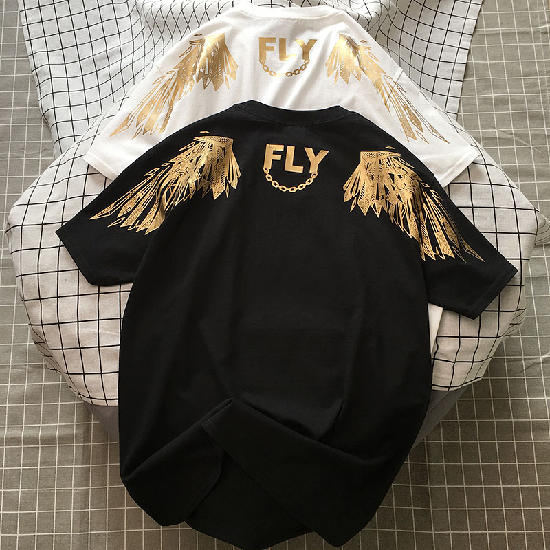 背后烫金翅膀字母印花情侣短袖t恤男女夏季圆领休闲宽松大码半袖