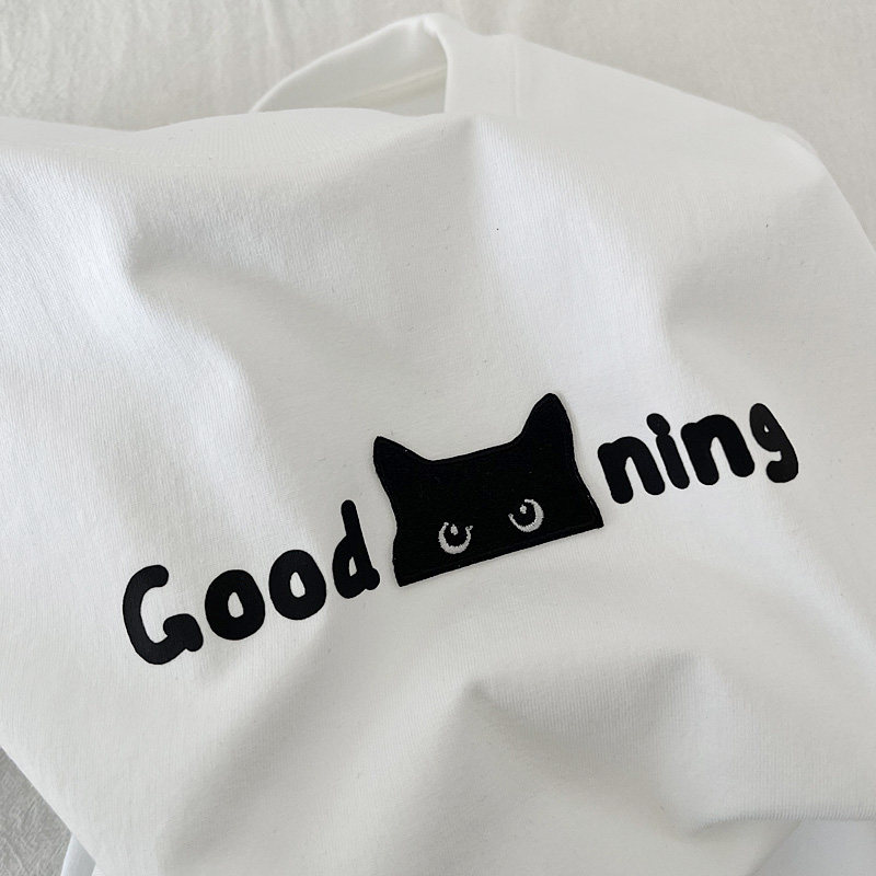good猫ning可爱小猫贴布休闲男女同款情侣短袖T恤圆领宽松半袖潮