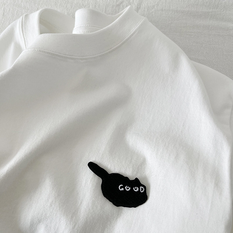 good可爱小猫贴布休闲男女同款情侣短袖T恤圆领宽松半袖学生