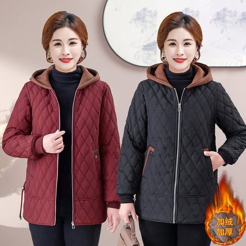 妈妈装外套洋气夹棉连帽大码棉服