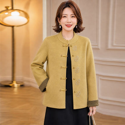 9698岁妈妈秋装洋气毛呢外套新款中老年女装新中式绣花呢子上衣