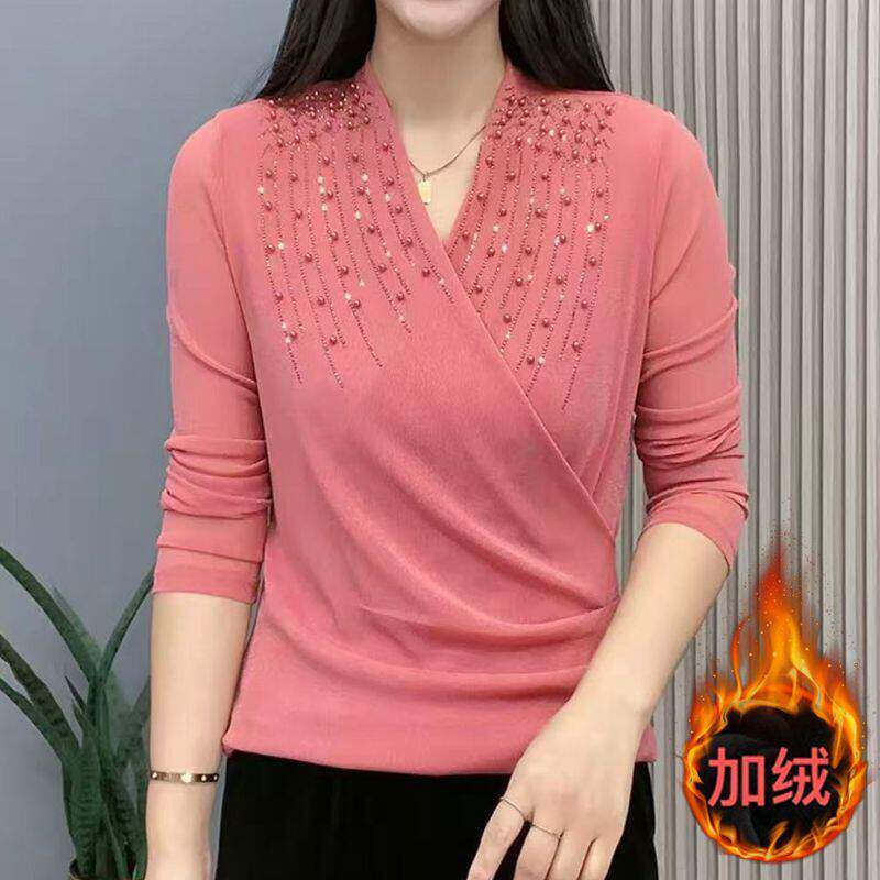 春季妈妈装交叉领加绒加厚打底衫