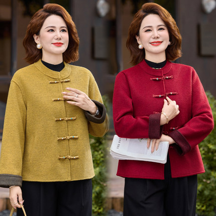 9669妈妈秋装外套洋气新中式国风大衣中老年女春秋时尚双面呢上衣