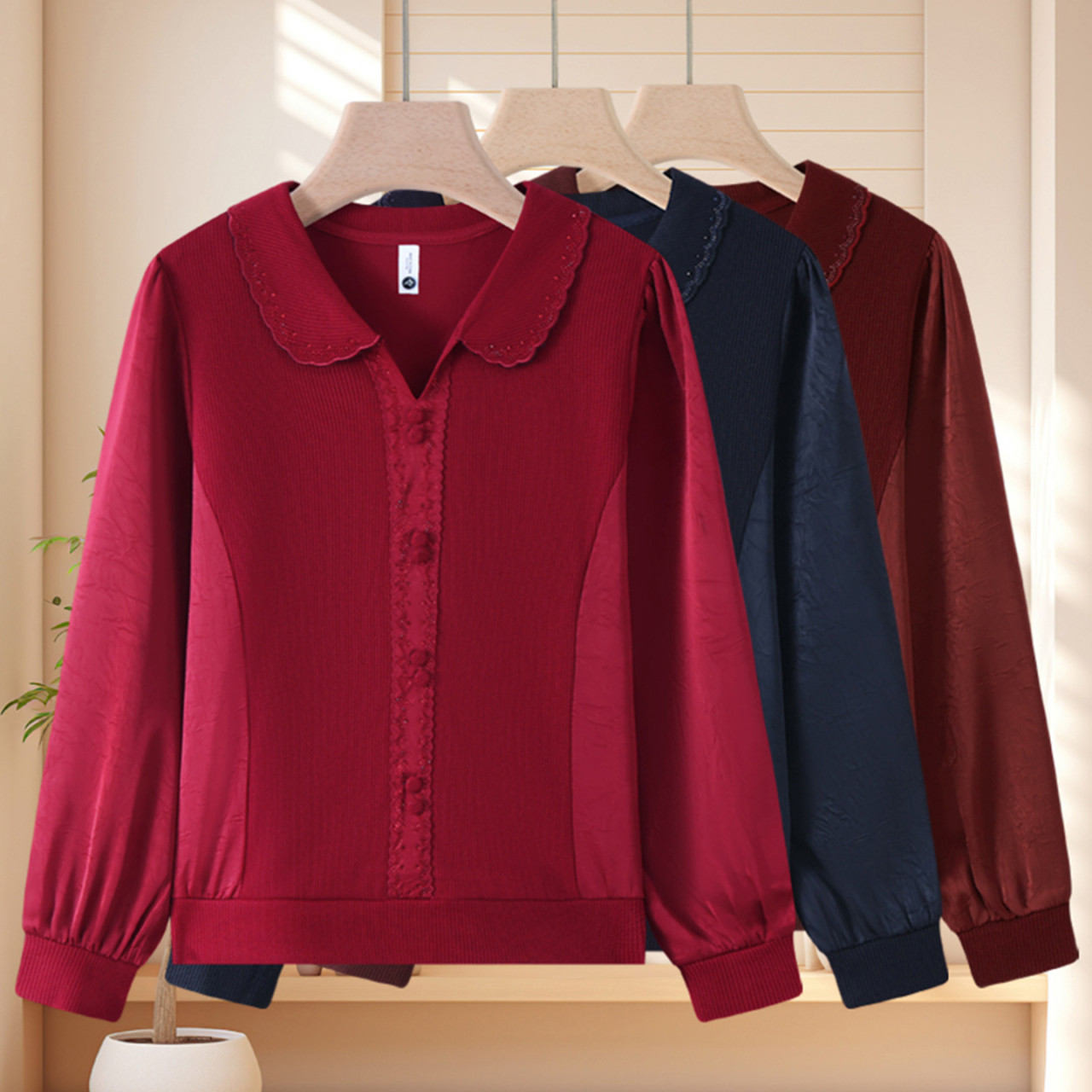 9321春装翻领套头小衫大码女装宽松长袖上衣中老年女洋气妈妈T恤