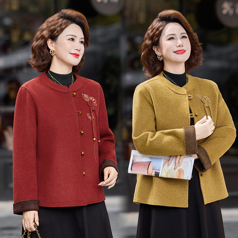 9687新中式妈妈装圆领毛呢外套女中老年刺绣盘扣洋气气质减龄上衣
