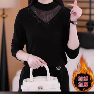 9187秋冬新款半高领烫钻加绒打底衫女士上衣长袖春秋T恤修身小衫