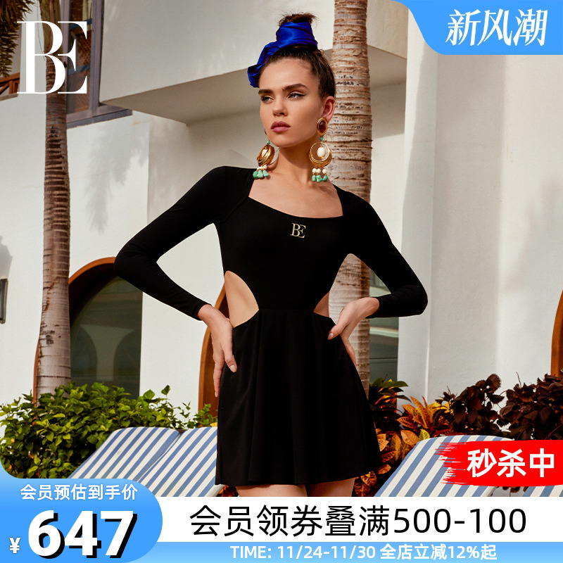 BE范德安时尚镂空长袖小黑裙泳衣