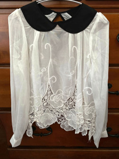 vintage精品复古italy意大利通透花边下摆黑白法式 优雅上衣宽松