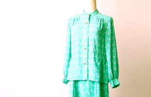 vintage古着复古绿色宽松廓形显瘦连衣裙半高立领设计感显白长袖