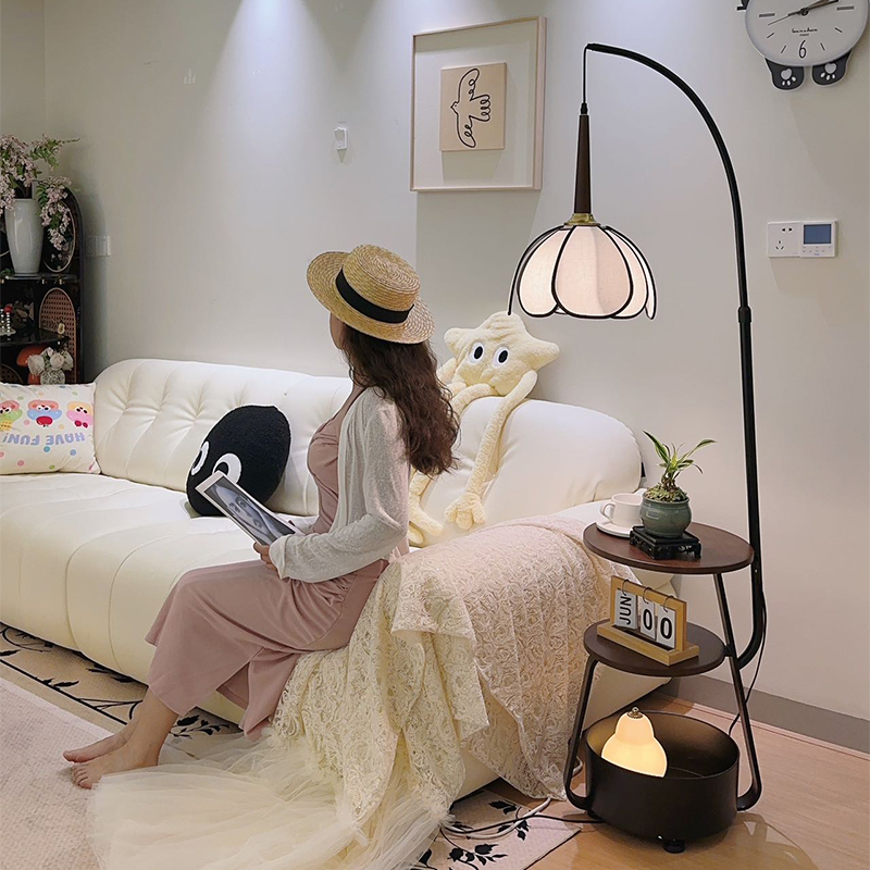 中古风落地灯卧室客厅沙发旁台灯胡桃木床头柜一体置物架