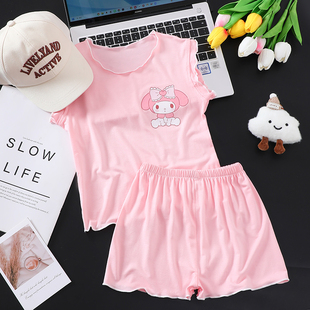 家居服可爱宝宝套装 甜美卡通印花睡衣女童背心短裤 新款 儿童夏季