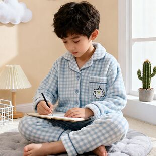 儿童睡衣男童秋冬珊瑚绒格子卡通开衫保暖法兰绒中大童家居服套装