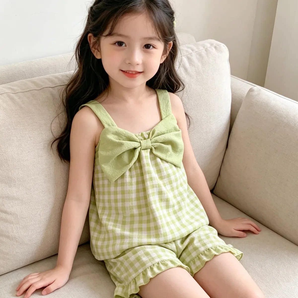 儿童夏季新款甜美绿色格子吊带