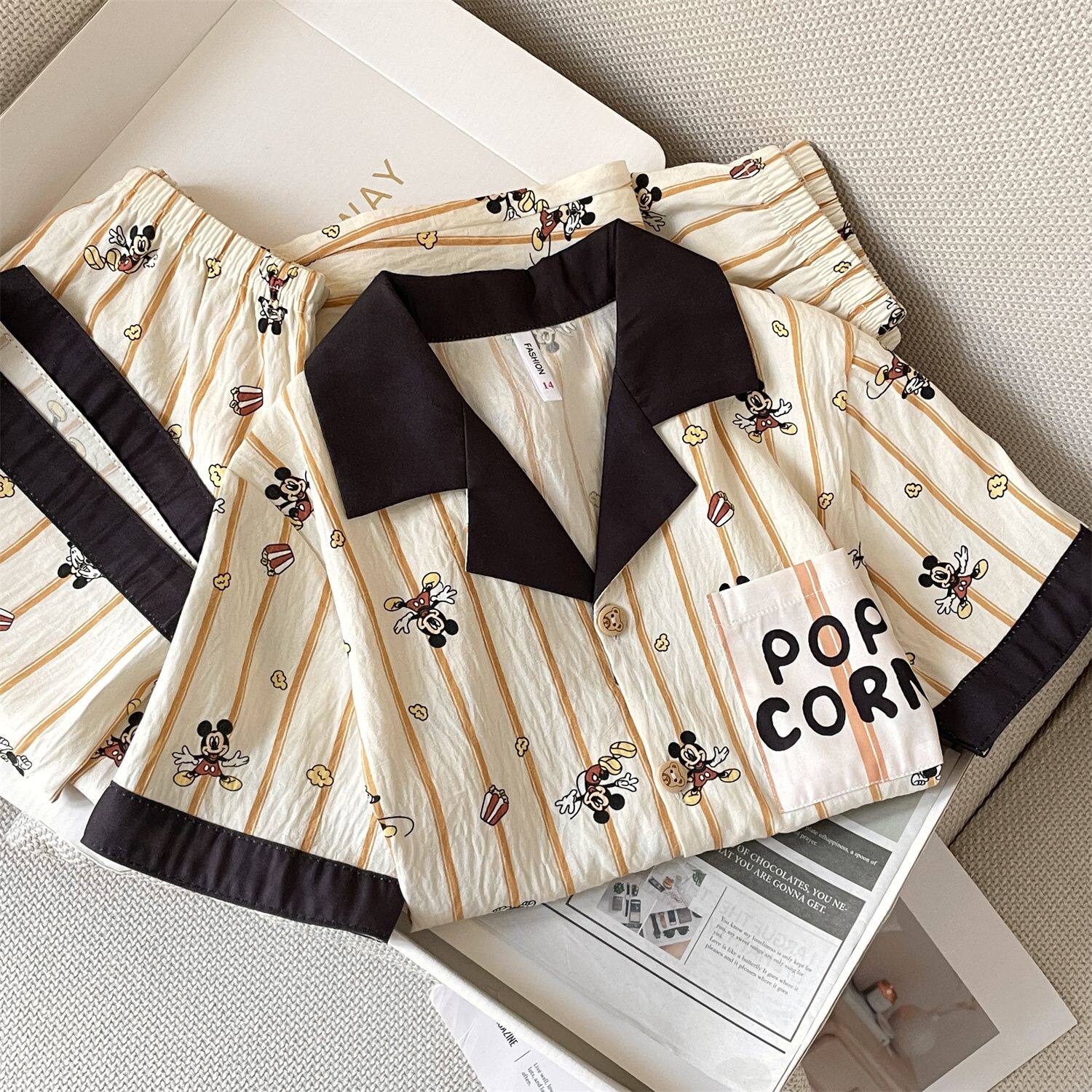 儿童三件套卡通米老鼠睡衣男童夏季薄款短袖条纹云朵棉宝宝家居服